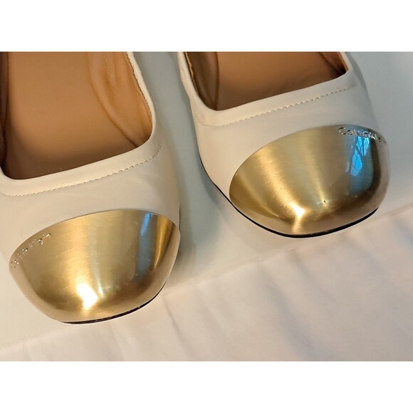 Calvin Klein Fiana Leather Ballet Flats Beige With Gold Cap Toe Slip On Size 8.5 - Picture 3 of 10